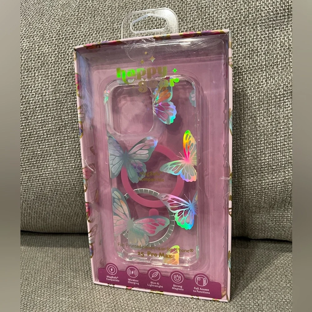 NIB Butterfly Silver/Pink/Clear iPhone 15 Pro Max Wireless Charging Slim Case